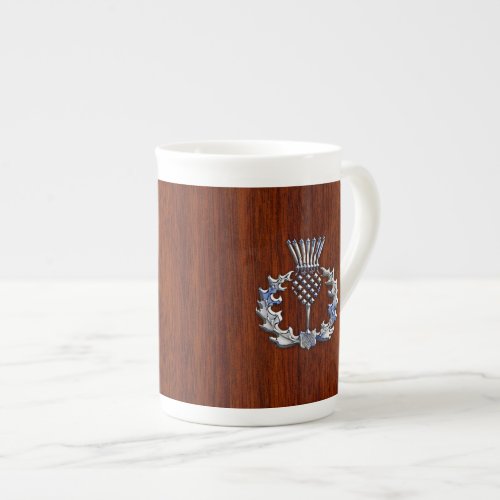 Rich Mahogany Wood Scottish Thistle Print Bone China Mug