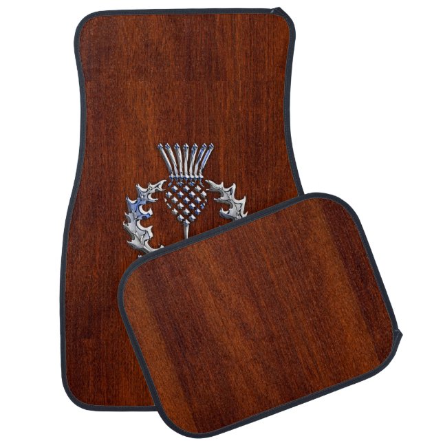 Rich Mahogany Wood Scottish Thistle Print Car Mat (Set)