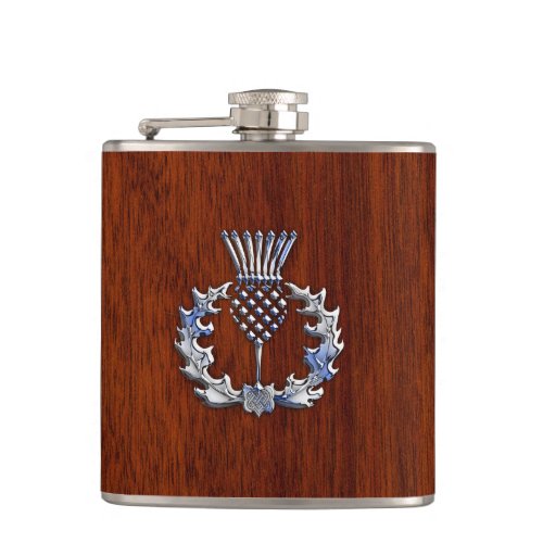 Rich Mahogany Wood Scottish Thistle Print Flask