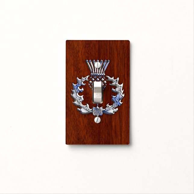Rich Mahogany Wood Scottish Thistle Print Light Switch Cover (In Situ)