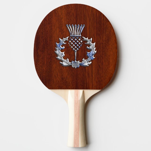Rich Mahogany Wood Scottish Thistle Print Ping-Pong Paddle (Back)