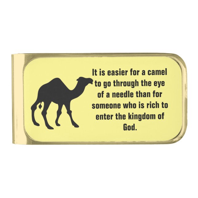 "Rich Man" Bible Verse & Camel Gold Finish Money Clip (Front)