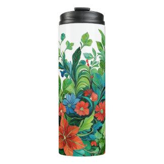 Rich Nature Pattern with Red Blooms & Blue Leaves  Thermal Tumbler