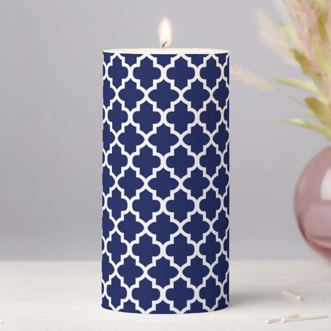 Rich Navy Blue and White Quatrefoil Pattern Pillar Candle (In Situ)