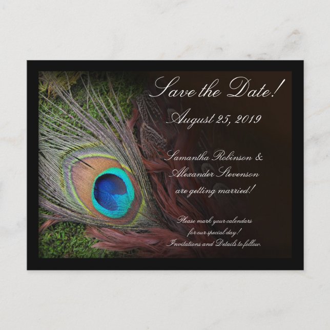 Rich Peacock Feather Green Moss Save the Date Card (Front)