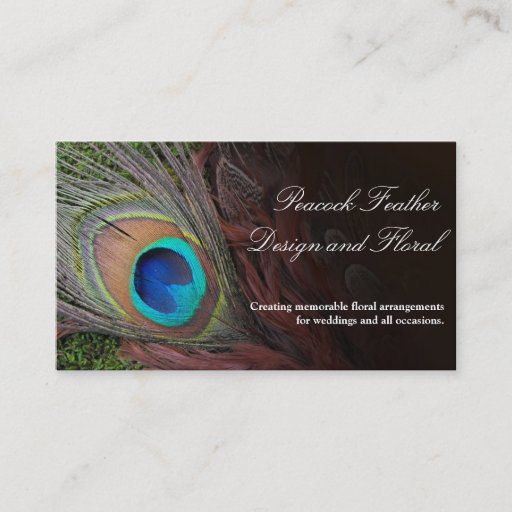 Customizable Rich Peacock Feather with Green Moss Business Card
