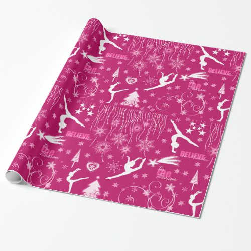 Rich Pink and White Festive Gymnastics Christmas Wrapping Paper