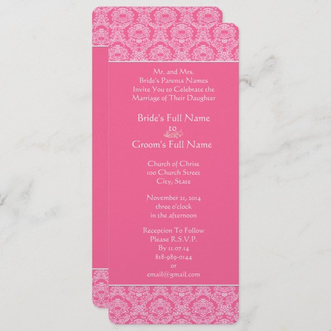 Rich Pink Damask Swirls Wedding Invitation (Front/Back)