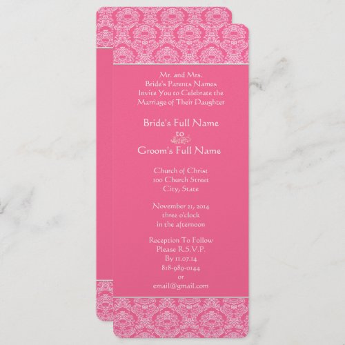 Rich Pink Damask Swirls Wedding Invitation