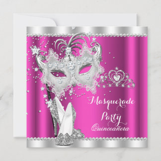 Rich Pink Masquerade Quinceanera Mask Hi Heels Invitation