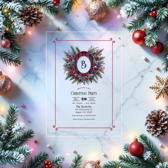 Rich Plaid Monogram Christmas Party Acrylic Invitations (Rich Plaid Monogram Christmas Party Acrylic Invitation)