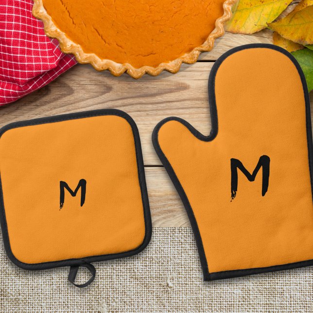 Rich Pumpkin Yellow Monogrammed Oven Mitt & Pot Holder Set (An oven glove and matching pot holder in pumpkin yellow, personalized with a monogram initial)