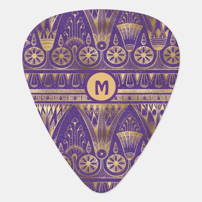 Rich Purple and Gold Egyptian Design Monogram Guitar Pick (Front)