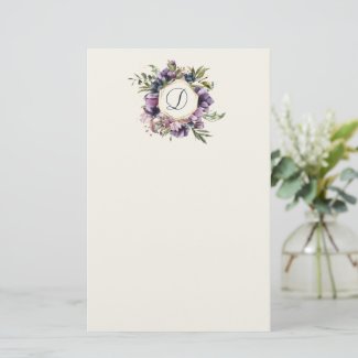 Rich Purple Floral Framed Monogram Stationery