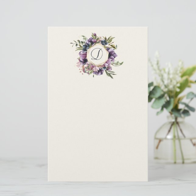 Rich Purple Floral Framed Monogram Stationery (Standing Front)