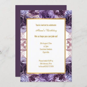 RICH PURPLE LILAC WHITE FLORAL STYLE BIRTHDAY INVITATION