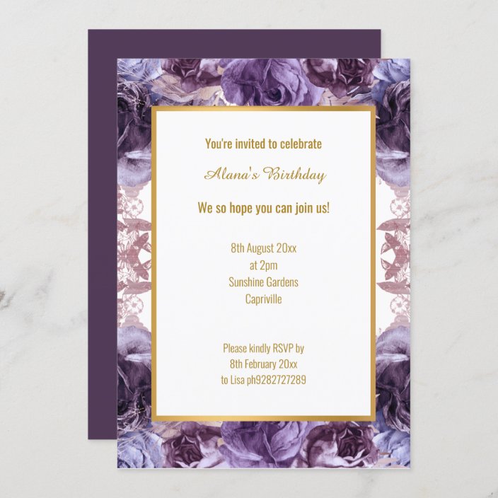 Rich Purple Lilac White Floral Style Birthday Invitation 