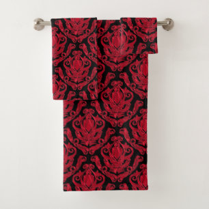Rich Red and Black Damask Print Towel Set