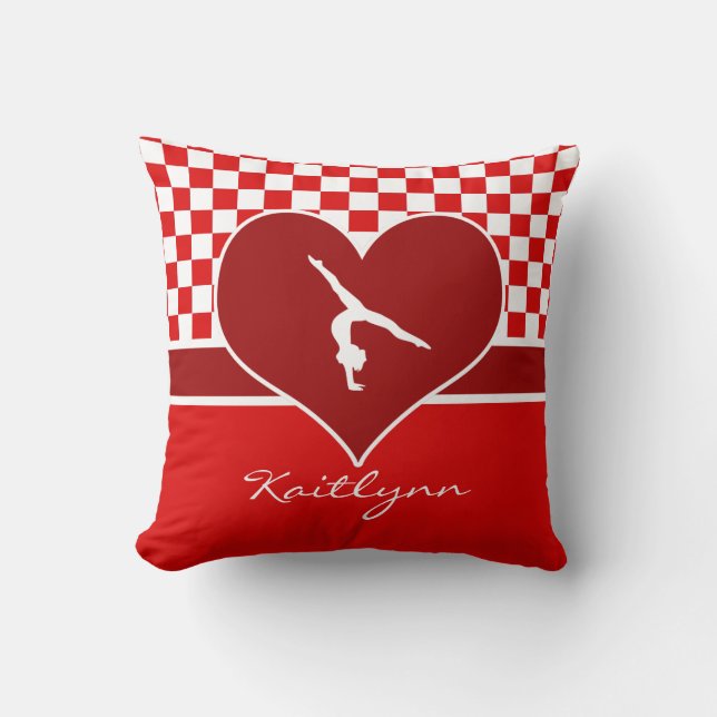 Rich Red Checkered Gymnastics with Monogram Throw Pillow (Front)