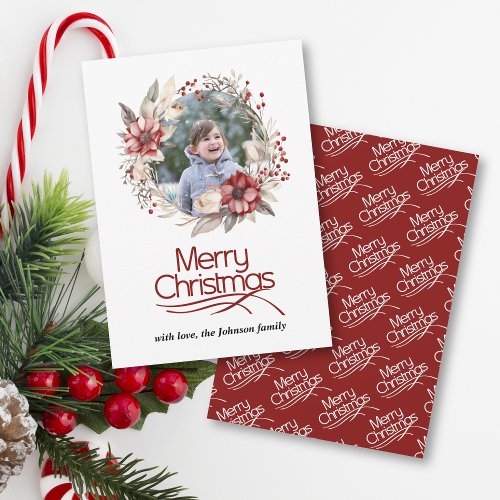 Rich red Christmas wreath berries flowers photo Holiday Card