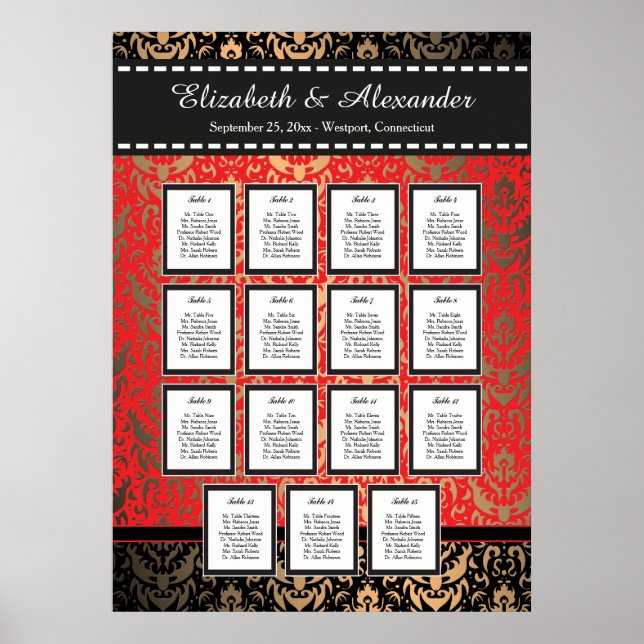 Rich Red Damask Wedding 15 Table Seating Chart (Front)