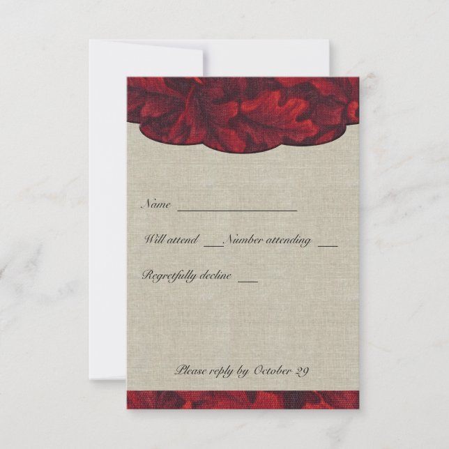 Rich Red Fabric Leaves & Linen rsvp with envelopes Card (Front)