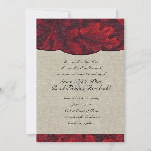 Rich Red Fabric Leaves &amp; Linen Wedding Invitation