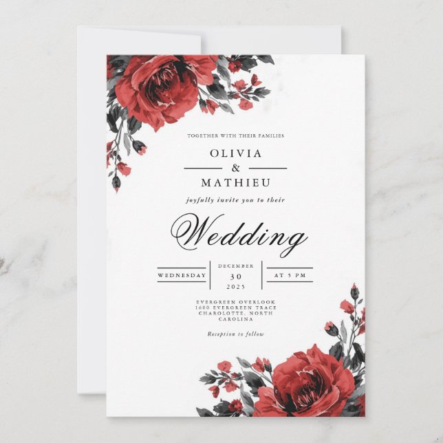 Rich Red Floral Romantic Wedding Invitation (Front)