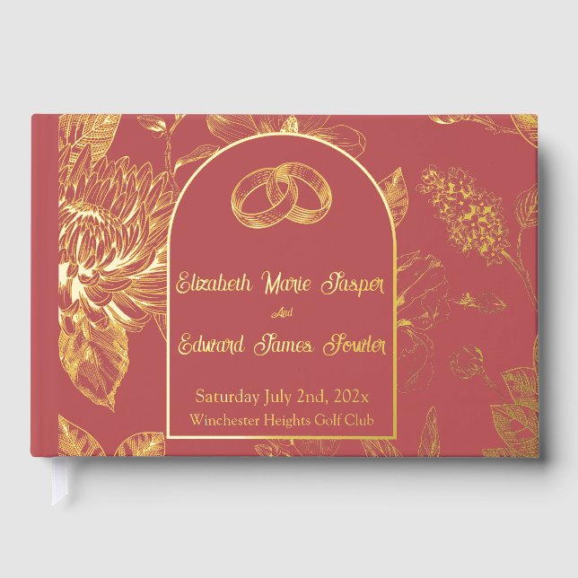 Rich Red French Floral Toile Floral  Foil Guest Book (Front)