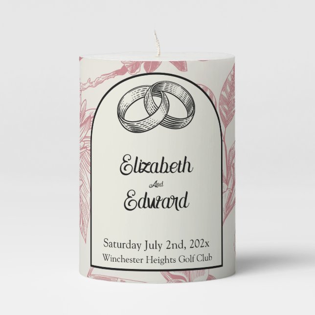 Rich Red French Floral Toile Floral  Pillar Candle (Front)