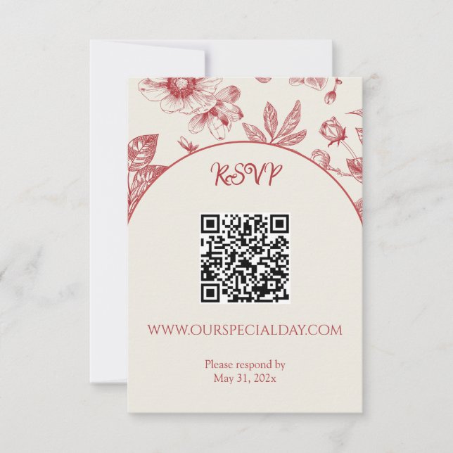 Rich Red French Floral Toile Floral QR Code RSVP Card (Front)