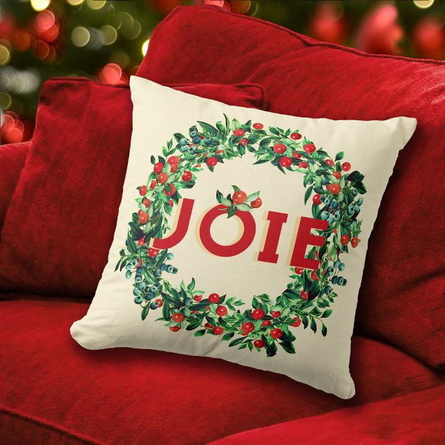 Rich Red Green Berry Wreath Joy French Throw Pillow (Creator Uploaded)