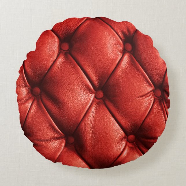 Rich Red Leather: Luxury Textured Detail Round Pillow (Front)