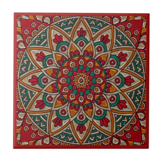 Rich Red Mandala. Ceramic Tile