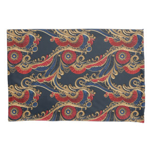 Rich Red, Navy, Gold Floral Scroll Pillow Case