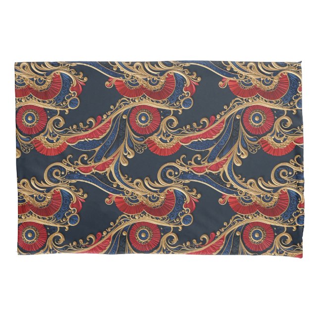Rich Red, Navy, Gold Floral Scroll Pillow Case (Front)