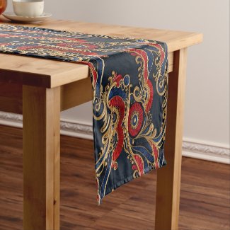 Rich Red, Navy, Gold Floral Scroll