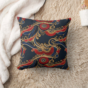 Rich Red, Navy, Gold Floral Scroll   Throw Pillow