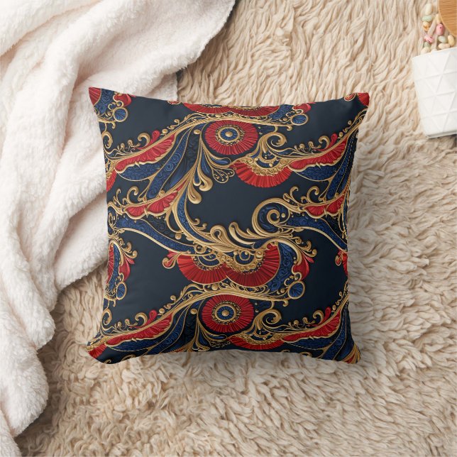 Rich Red, Navy, Gold Floral Scroll   Throw Pillow (Blanket)