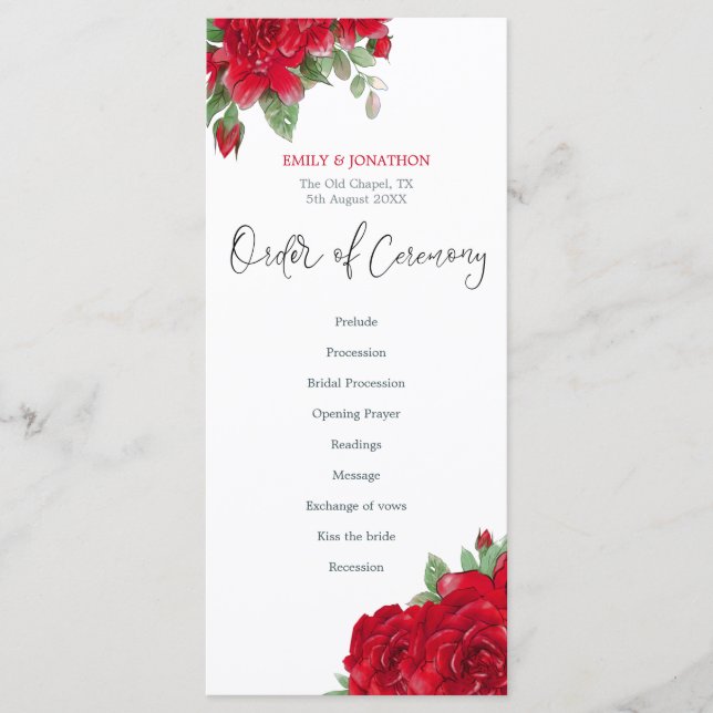Rich Red Roses Floral Stylish Script Wedding Program (Front)