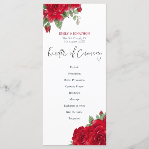 Rich Red Roses Floral Stylish Script Wedding Program