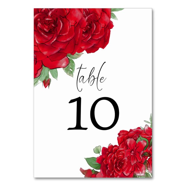 Rich Red Roses Florals Stylish Script Wedding Table Number (Front)