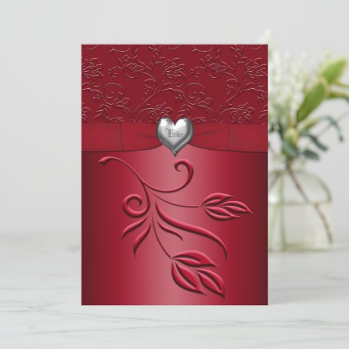 Rich Red Silver Heart Floral Wedding Invitation | Zazzle