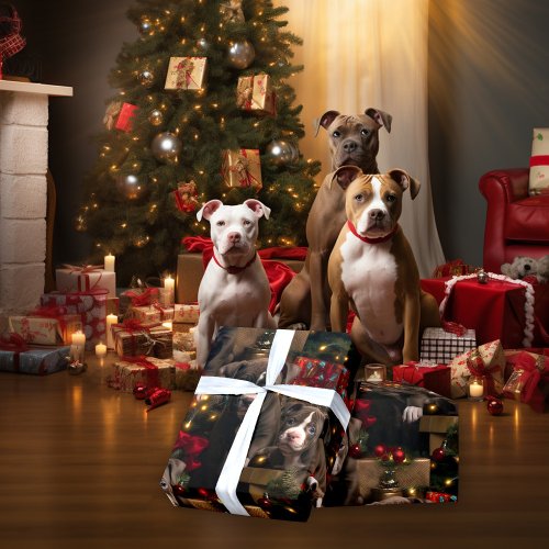 Rich Red Twinkle Lights Pitbull Christmas Pups  Wrapping Paper