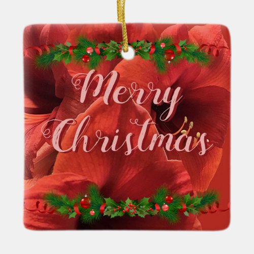  Rich Ruby Red Amaryllis Merry Christmas Ceramic Ornament
