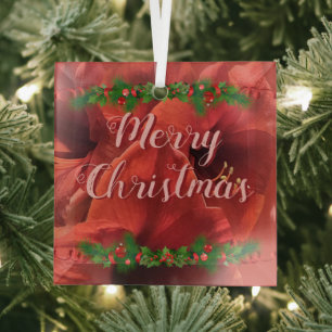Rich Ruby Red Amaryllis "Merry Christmas" Glass Ornament
