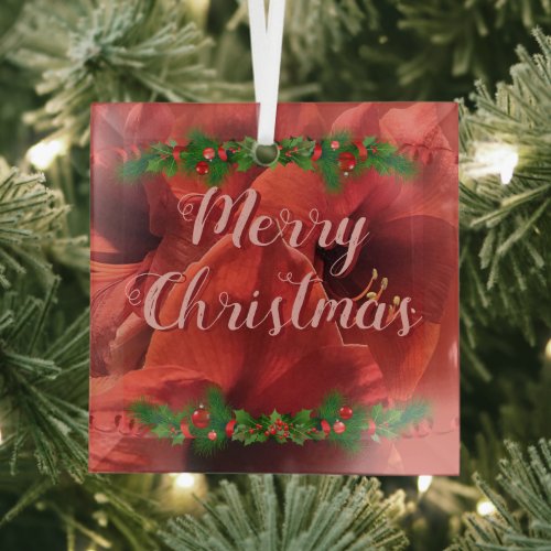  Rich Ruby Red Amaryllis Merry Christmas Glass Ornament