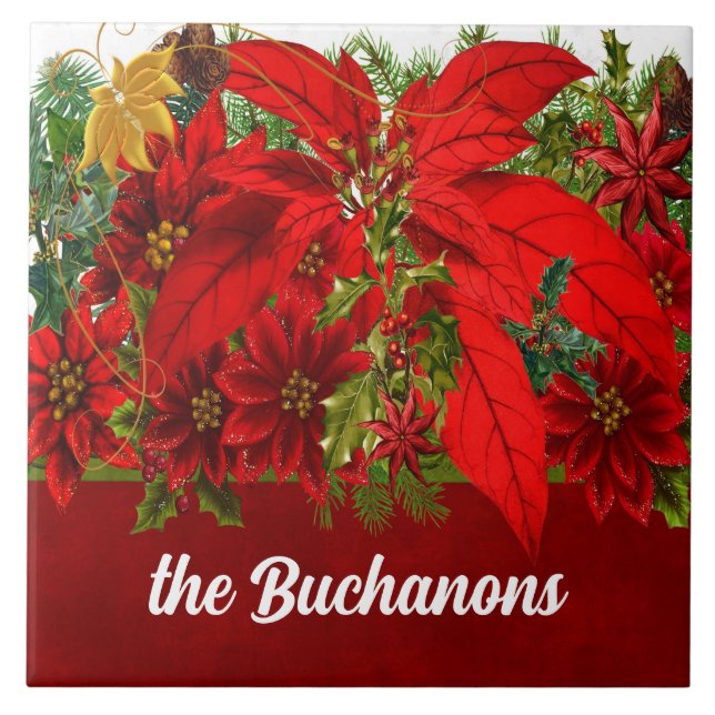 Rich Seasonal Hues with Red Poinsettias Ceramic Tile (Front)