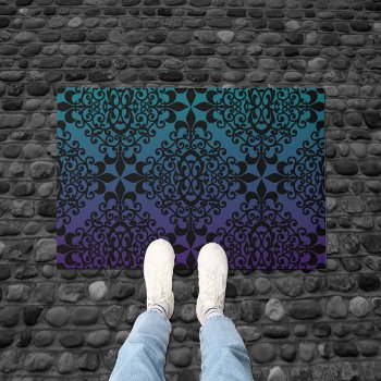 Rich Teal And Purple Ombre Black Damask Pattern Doormat by machomedesigns at Zazzle