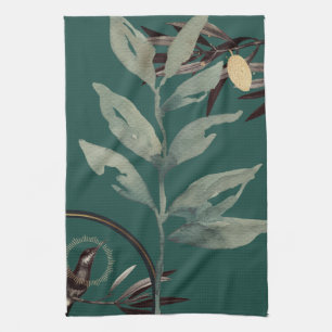 Rich Teal Green Artistic Watercolor Leaves Kitchen Towel